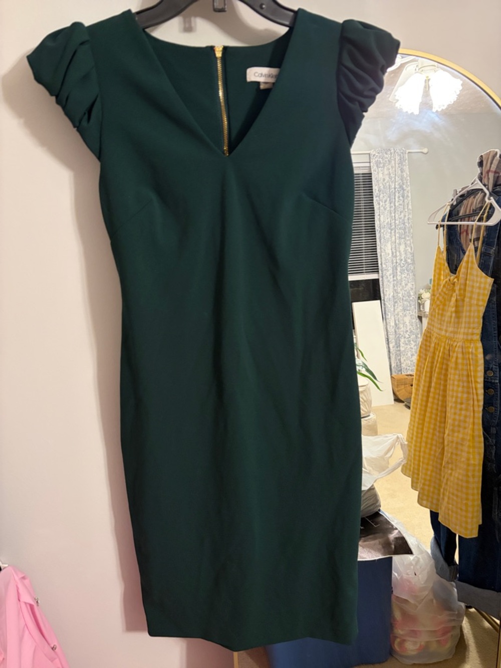 Calvin Klein Dark Green V-Neck Sheath Dress with Ruched Cap Sleeves